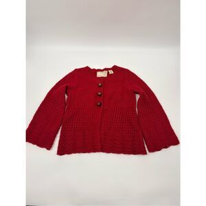 Anthropologie | cashmere Angela wool blend Red Crochet Cardigan w/ Wood Buttons